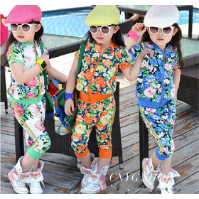 Sale Aones Girls rimmed flower print sport girl clothing sets zipper outerwear+haren pants 2pcs summer suits 