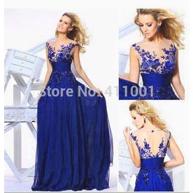 New 2014 Royal Blue A-line Floor-Length Embellished Embroidery Chiffon Evening Formal Dress Bridal Gown All Sizes