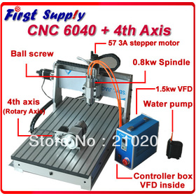 Ball screw CNC 6040 (800w spindle 1.5kw VFD) + 4 + tailstock, (four , rotation ) cnc engraving machine CNC Router