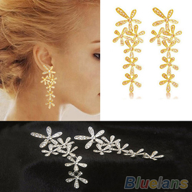 Women 2013 New Fashion Full Rhinestone Crystal Long Snowflake Flower Dangle Drop Tassel Earrings Gold Silver Free Shipping 012J