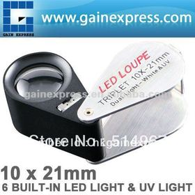 Handheld Foldable Mini 10x Magnification Power Jeweler Loupe Magnifier + 6 LED & 1 UV light, 21mm lens