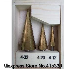 New 3Pcs HSS Steel 4 / 12 / 20 / 32 MM Step Drill Bit Bits Tool Set