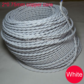 (2m/lot) 2* 0.75mm double core line retro twisted lamp cable white color P.V. knitted cloth braided electrical wire