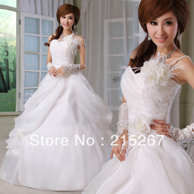 Free shipping Love feather one shoulder flower bride wedding 2014 sweet wedding dress size : S M L XL