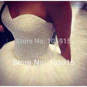 2014 New Custom Made Real Sample Tulle With Pearls Sweetheart Open Back Ball Gown Big Train Wedding Dresses Bridal Gowns