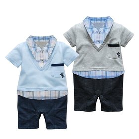  romper with plaid shirt and V-neck sweater/ Short-sleeved boy romper in preppy style / 2 colors: blue and grey