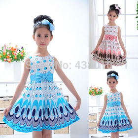 Hot NWT Kids Girls Bow Belt dress Circle Bubble Peacock print kids Dress girl's Party Clothes 2-7Y free shipping