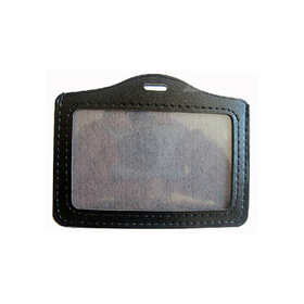 Black Faux Synthetic Leather Business ID Badge Card Holder , Horizontal (Top Loading) with Slot&Chain Holes