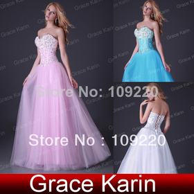 Free Shipping Grace Karin Sexy Pink/White/Blue Strapless Corset-style Party Gown Prom Ball Formal Evening Dress 8 Size 3519