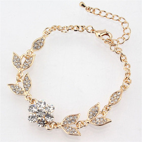 Free shipping New Fashion 18k Yellow Gold Filled Flower Leaf Clear Austrian Crystal Bracelet Bangle Jewelry