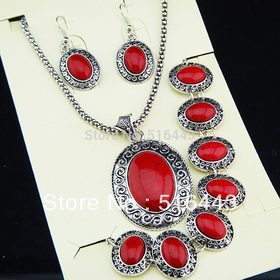 Különleges ajánlat INGYENESKiszállítás 3db Vintage antik ezüst P Ovális Red Türkiz fülbevaló karkötő nyaklánc női Ékszer szett A696