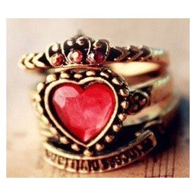 Fashion Hot Sale New Arrival Lovely Crown Red Gem Heart Three Rings Ring R206