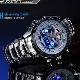 Hot-selling Stainless Steel Black Men's Clock Fashion Blue Binary LED Pointer Watch Mens 30AM Waterproof Watches Free Shipping