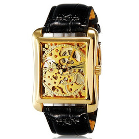  Unisex Stunning Automatic Mechanical Wrist Watch with Roman Numerals & Faux Leather Band (Golden)