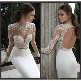 2015 Elegant Sexy Wedding Dresses Satin Bridal & Events Gowns Vestidos De Noiva New Arrival Long Sleeve Sheer Lace Mermaid Gown