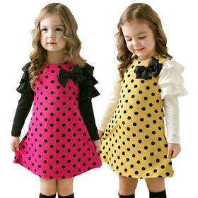 Gratis forsendelse 2014 nye efterår / forår børn tøj piger prikkede kjole langærmet Kids Tøj piger prinsesse kjole
