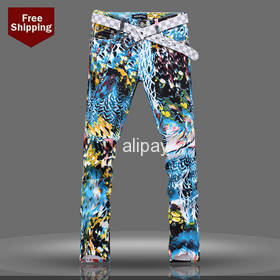 Personality flower slim trousers men's slim elastic colored drawing Painted jeans Trousers plus Size Free Shipping