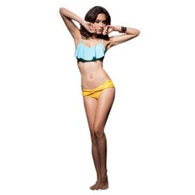 Lotus Leaf Edge Folds Halter Top + Ruching Bottomwear Women Two-piece Bikini Swimsuit Swimwear Suit Blue & Yellow M