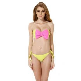 Colloyes Color Assorted Bowknot Shape Strapless Bikini Set Pink & Lawngreen S