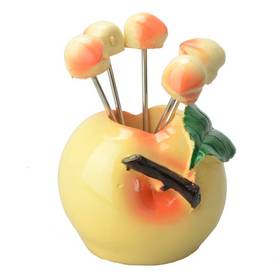  Peaches Shaped Fruit Forks with Fork Rack Light Yellow