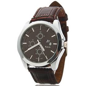 False Three Eyes Needle Scale Calendar Round Coffee Dial Female Watch with Imitated Leather Watch Band Coffee