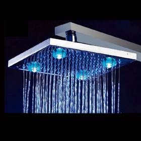 8" Inch Temperature Control Colors Square Copper 4 LEDs Fixed Rainfall LED Shower Head Silver