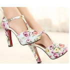 Free shipping flowers print 2013 new sandals for women shoes chunky red bottom high heels platform pumps T belt buckle 
