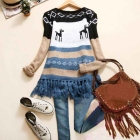 Free shipping Deer stitching stripes fringed knit 7903 cardigan sweater women fashion clothes