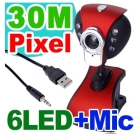 NEW USB 2.0 3 0.M 6 LED Web Cam Digital camera Webcam hd PC Camera Laptop w/ MIC + Free Shipping 