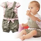 008 Free shipping 2013 summer clothing set Cute girls print t-shirt+overalls+belt 3 pcs suit summer Kids garment Retail