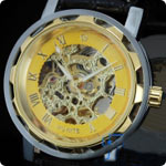 wholesale Mens Luxury Watch Gold Tone Skeleton Auto Leather Gift!