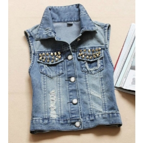 Buy Free Shipping! #06 Womens Rivets Studded Destroyed Denim Vest Jean ...